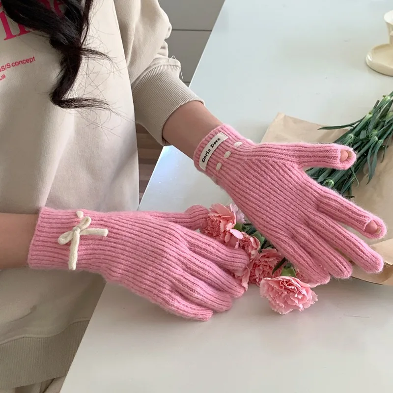 Женские перчатки с милым бантом свежие и красивые включая шерстяные полностью
