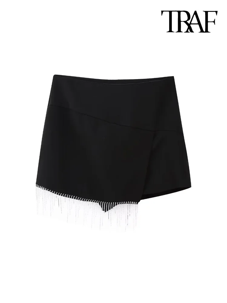 

TRAF Women Fashion With Rhinestone Beading Fringed Shorts Skirts Vintage High Waist Side Zipper Female Skort Mujer