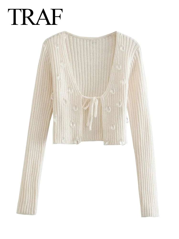 

Женский трикотажный кардиган с имитацией кристаллов, на шнуровке