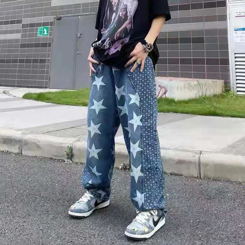

Washed Stars Embrodiery Streetwear Jeans Pants for Men and Women Straight Ripped Oversize Japanese Casual Denim Trousers