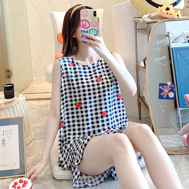 Summer Comfortable Beautiful Back Cotton Silk Women's Pajama Sets, Thin Vest Shorts Two-Piece Sweet Rayon Home Clothes