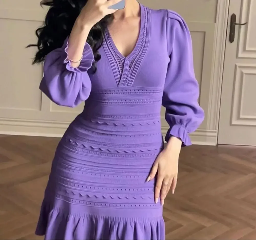 2024 весеннее трикотажное платье женское тонкое с v-образным вырезом и рукавами 3/4