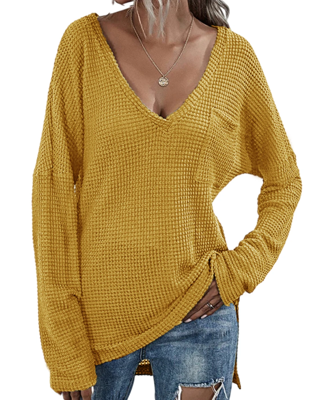 

V Neck Cotton-Blend Shirts Tops Waffle Knit Long Sleeve Loose Plain Pullover Jumpers