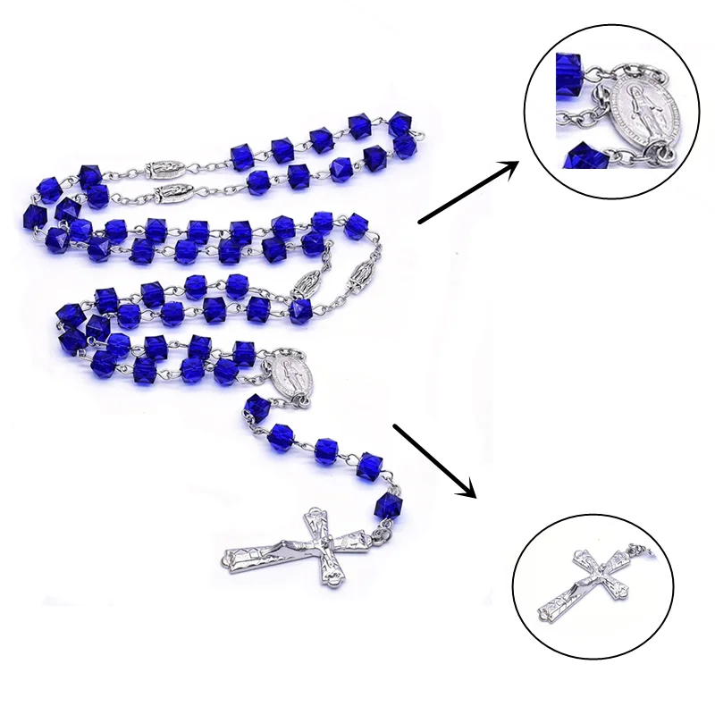 Католические Четки квадратные синие стеклянные бусины ожерелье Дева Мария Иисус
