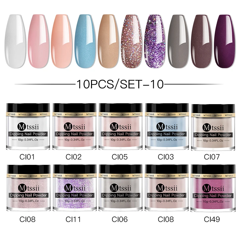 

10Pcs Dipping Nail Powder Set Glitter Dipping System Nail Kit For Nail Art Decorations Manicure Natural Dry Without Lamp Cure