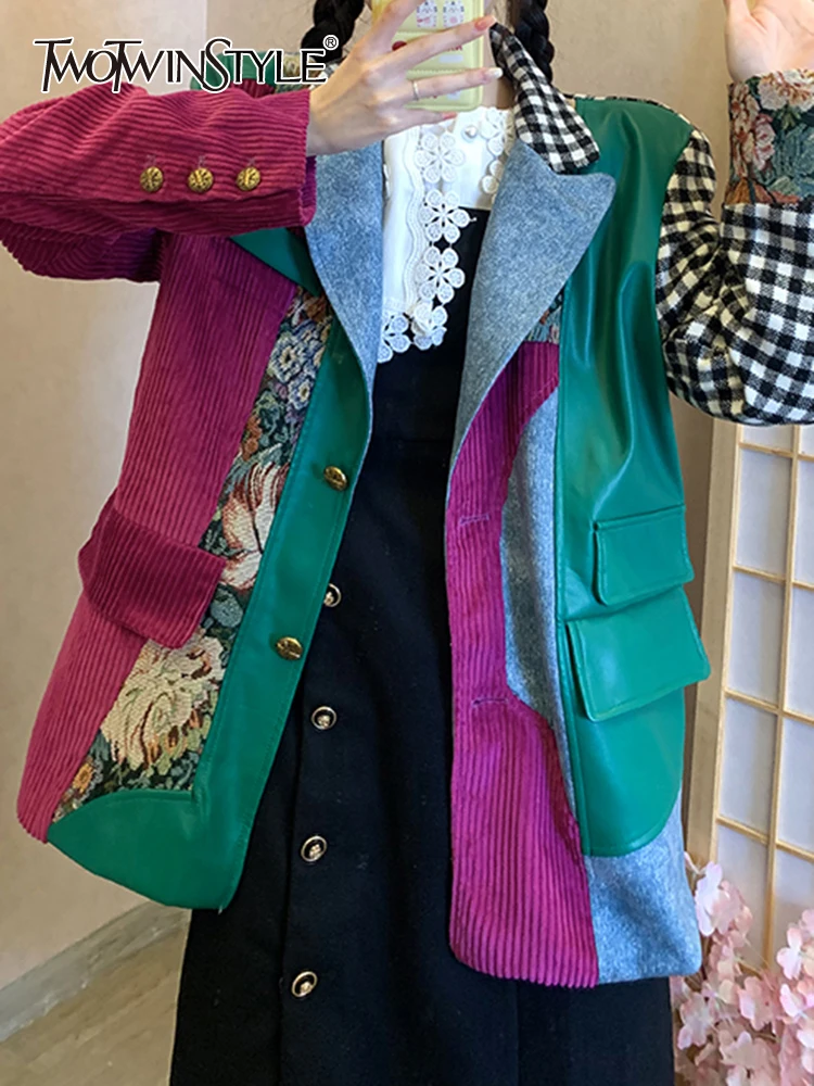 

TWOTWINSTYLE Colorblock Patchwork Leather Blazer For Women Notched Collar Long Sleeve Spliced Denim Streetwear Blazers Female