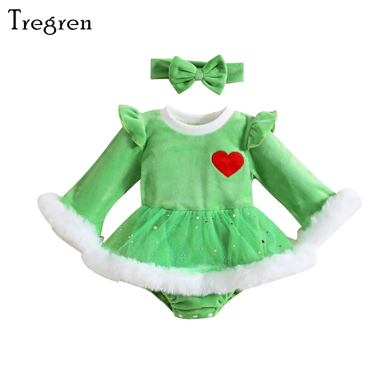 

Рождественский комбинезон Tregren для маленьких девочек 3-24 мес., осенне-зимний пушистый комбинезон с длинным рукавом и сердечком, комплект из 2 предметов с бантом и повязкой на голову