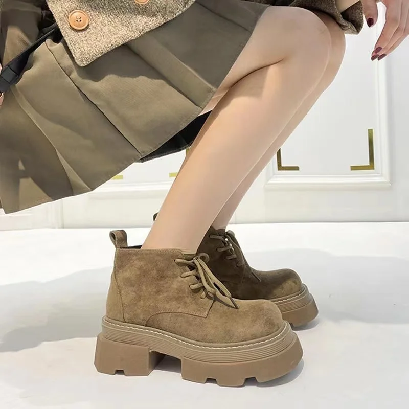 Flats Women's Boots Fall Boots Women's Round Lace Up Ankle Lolita Rock Ladies Retro Basic Solid Salad Women Boots Botas Mujer