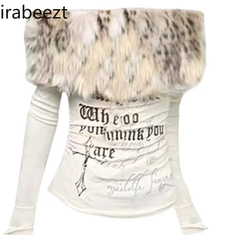 Футболка Spot American Sweet and Cool с меховым воротником на одно плечо и длинными рукавами