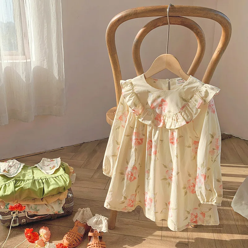 

South Korea Children's Wear Ruffled Girls' dress 2023 Autumn Flower Print Sweet Children's Dress