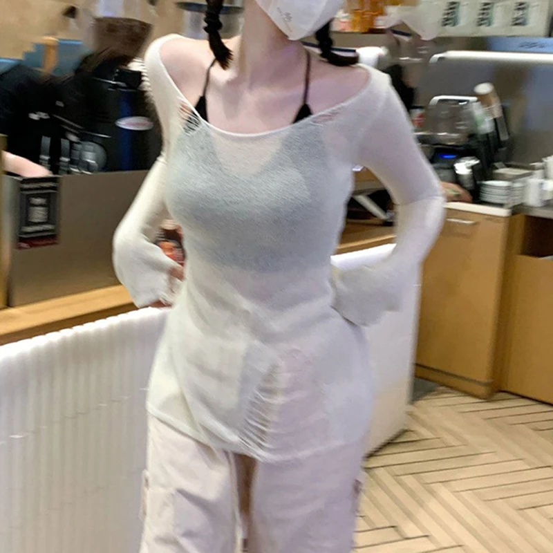 Harajuku гранж вязаные топы рваные с открытыми плечами футболки винтажный пуловер