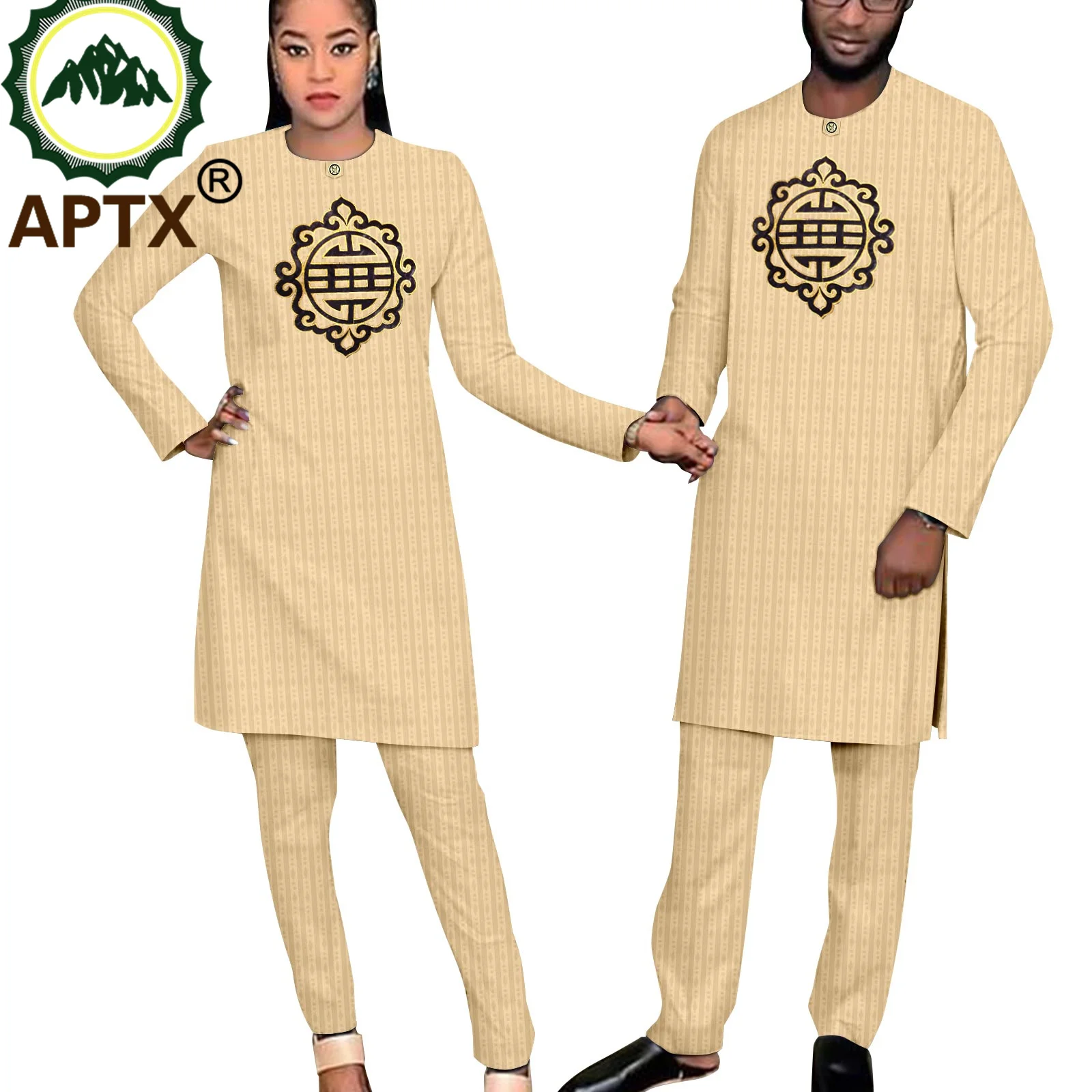 

African Couple Matching Set Dashiki Wax Embroidery O-neck Long Shirt Pants Two Piece Suit for Men Women Lover Clothes T23C012