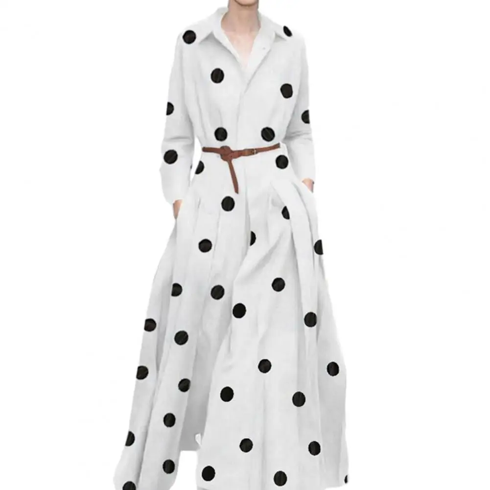 

Shirt Dress Women Elegant 2023 Spring Autumn Lapel Long Sleeve Dot Print Pockets High Waist A-Line Holiday Maxi Dress Streetwear