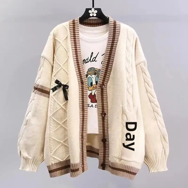 Женская куртка-свитер с бантом в японском стиле осень/зима 2023 новинка свободного