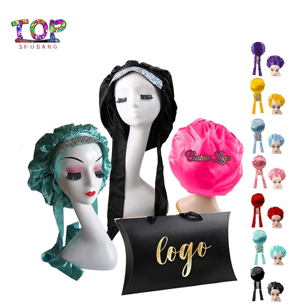 Hot Selling Custom Own Logo Multi Color Double Layers Hair Wraps Adjustable Bonnet Sleeping Hat Long Satin Band Tie Bonnet