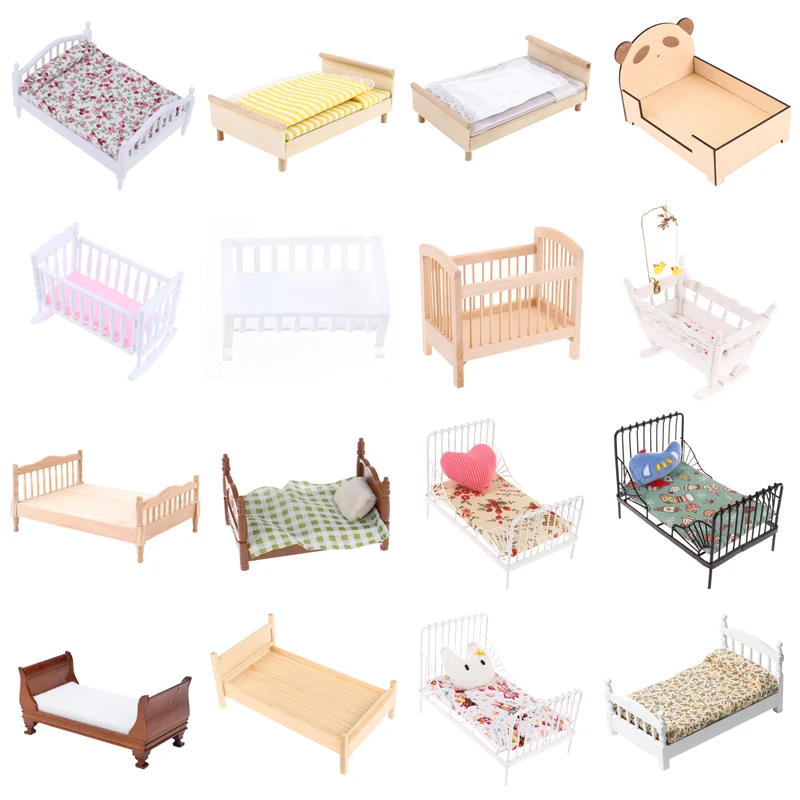 

1/12 Dollhouse Mini Single/Double Bed Home Bedroom Furniture Toy Gift Living Room Furniture Model Beautiful Handmade Wooden Toy