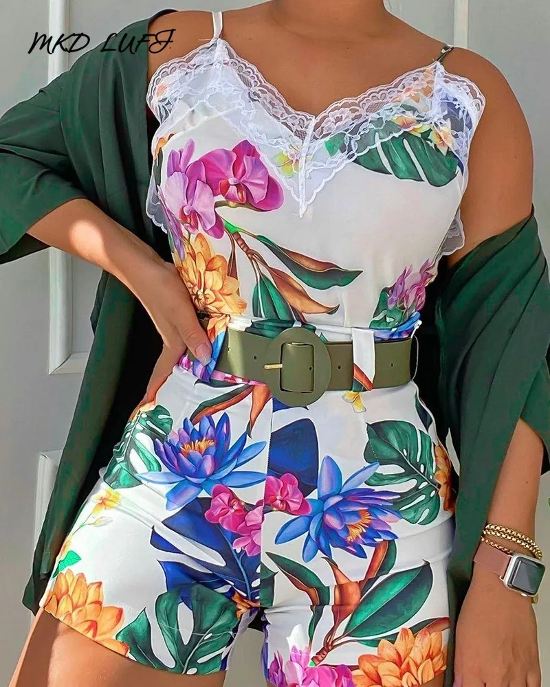 

MKD LUFI Tropical Print Lace Patch Top & Shorts Set