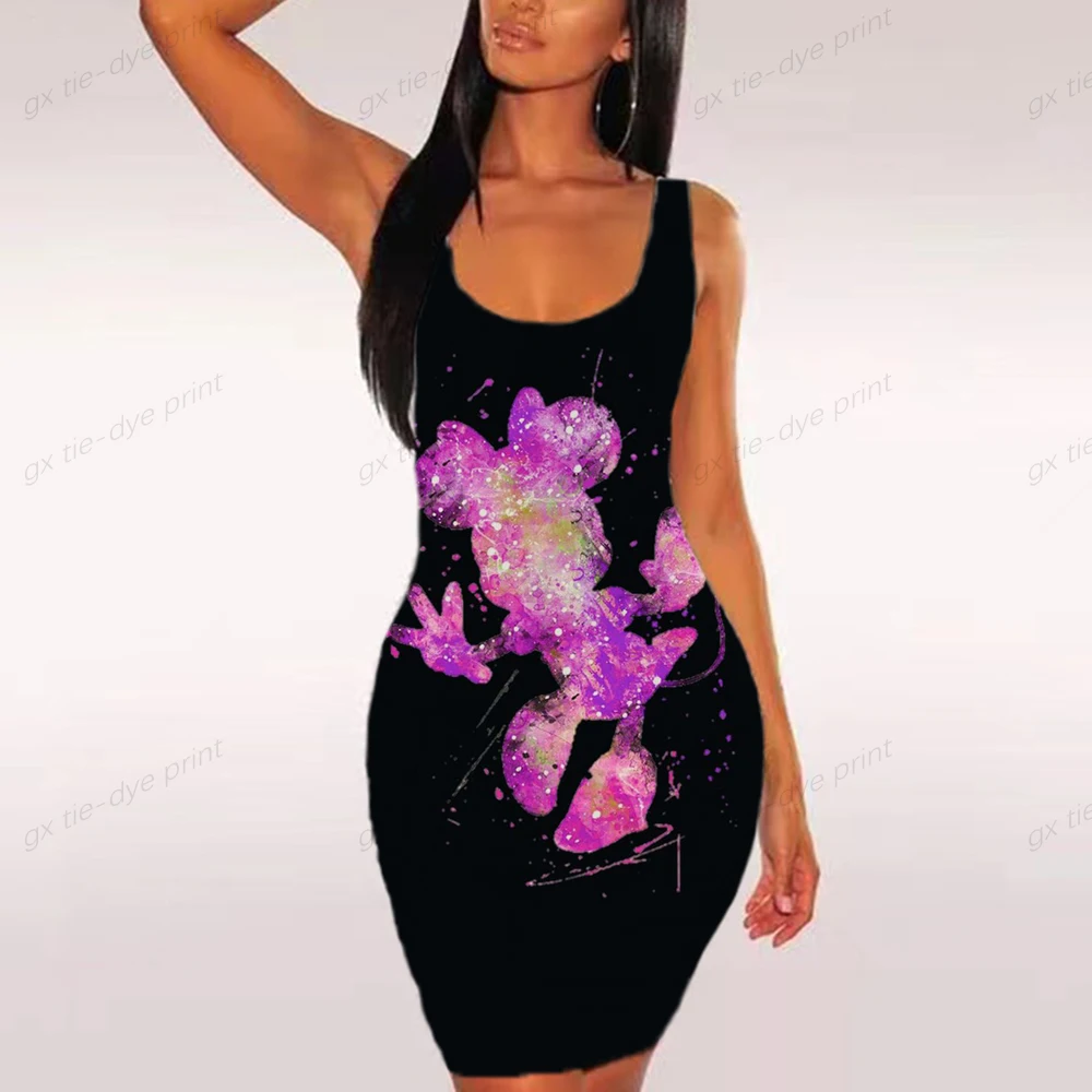 Платье женское летнее облегающее без рукавов с принтом Минни и Микки Маус -