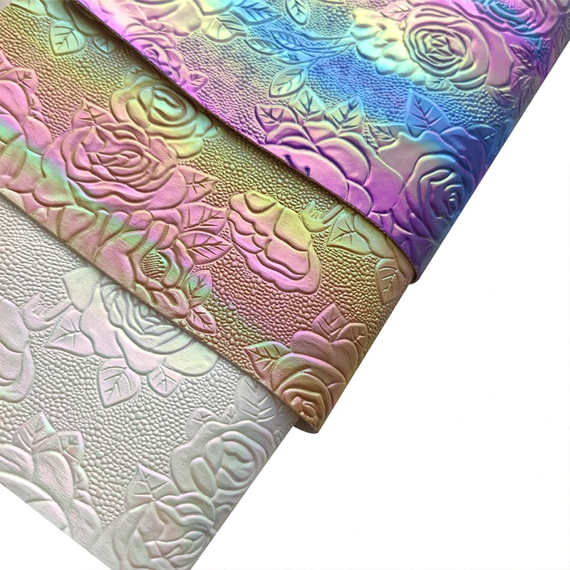 

Holographic Rainbow Gradient Faux Leather Sheet Rose Pattern Fabric for Bow Bag Cushion Book Cover Craft DIY Material 30x135cm