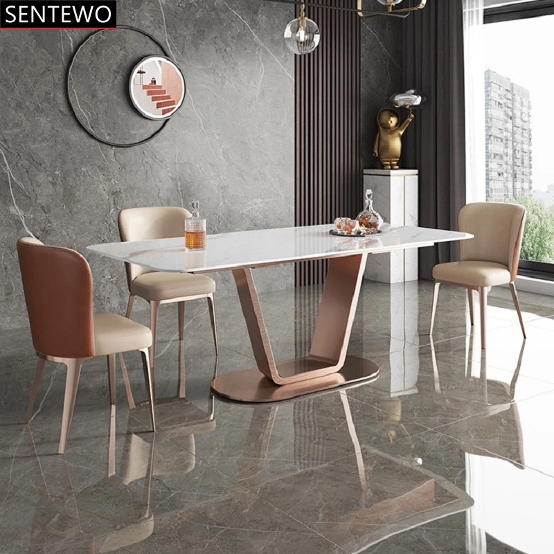 

Luxury Rock Slab dining table dinning chair Metal Titanium golden base Faux Marble table dinner chair set chaise salle a manger