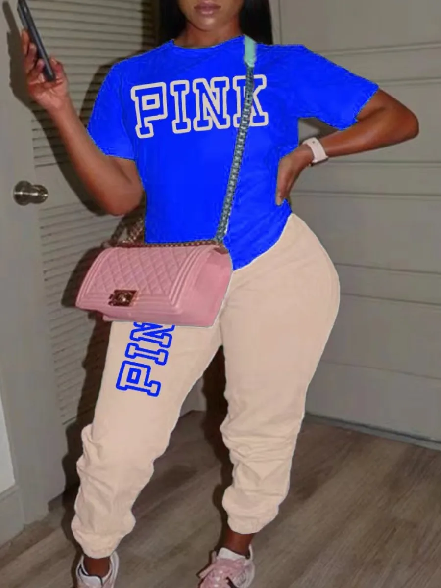 LW Plus Size Pink Letter Print Pants Set short sleeve Two Piece Sets Women short Tshirt + Jogger Pants Tracksuits Casual Outfits
