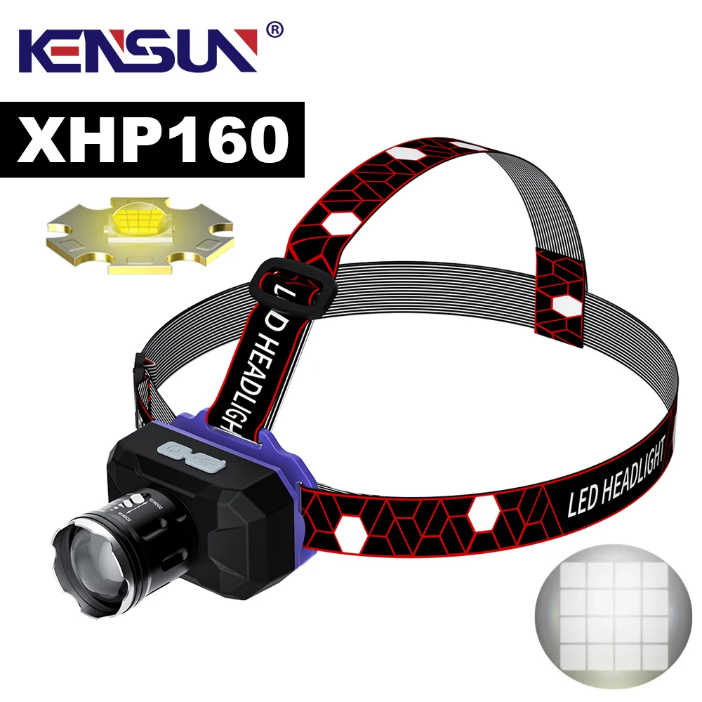 

Мощный светодиодный налобный фонарь XHP160, USB-зарядсветильник, зум, встроенный аккумулятор, регулировка под углом 90 °, светильник режима освещ...