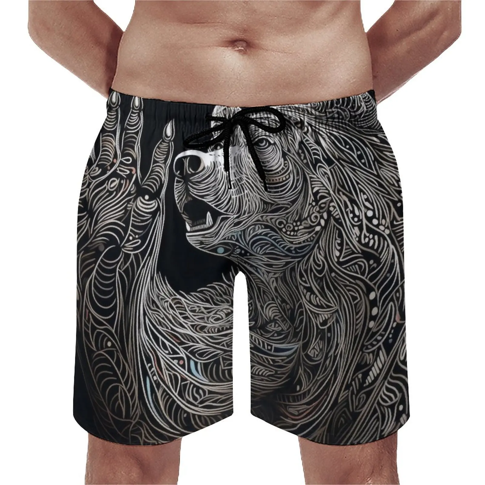 

Bear Gym Shorts Summer Intricate Lines Funny Board Short Pants Men's Running Quick Dry Custom Beach Trunks