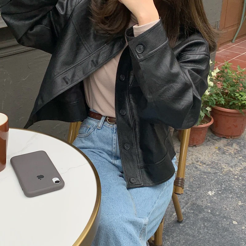 Casual Women's Leather Jacket Short Fashion Single Breasted Lapel Loose-fit Korean Style Elegant PU Leather Coats кожаная куртка