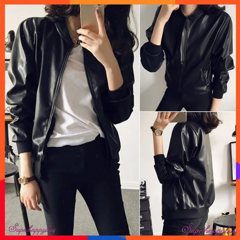 

Women's Cool PU Leather Zipper Slim Moto Biker Jackets Outwear