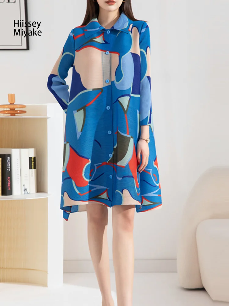 

HiIssey Miyake 2023 Fashion Design Summer Models Women Lapel Loose Large Size Pleated Print Single-breasted Short Type Dresses