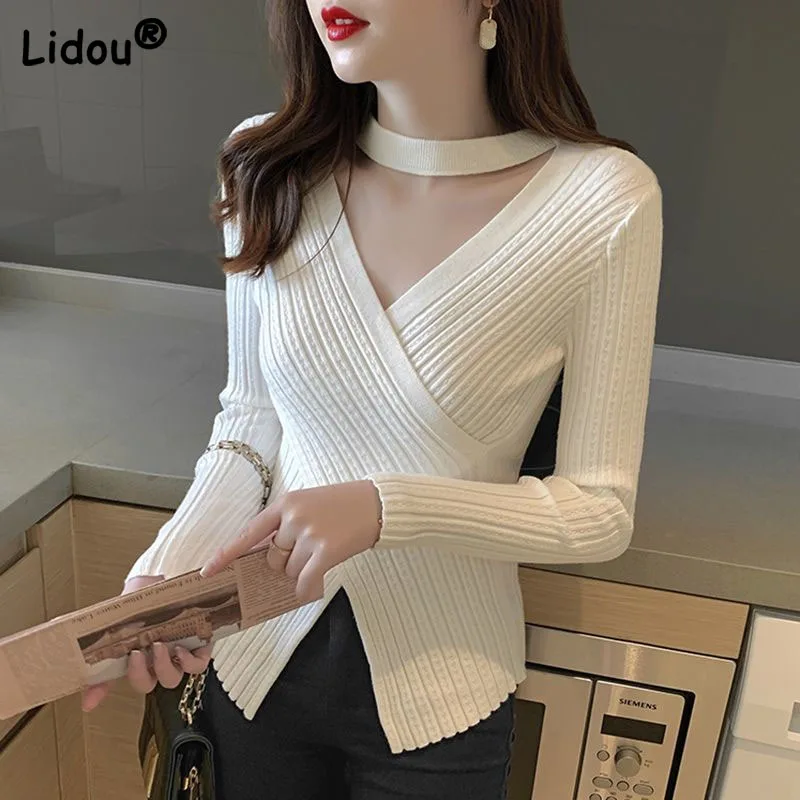 

Halter Sweater Autumn Lady Solid Color Top 2022 Women New Slim Long Sleeve Irregular Unique Inner Tower Bottomed Shirt