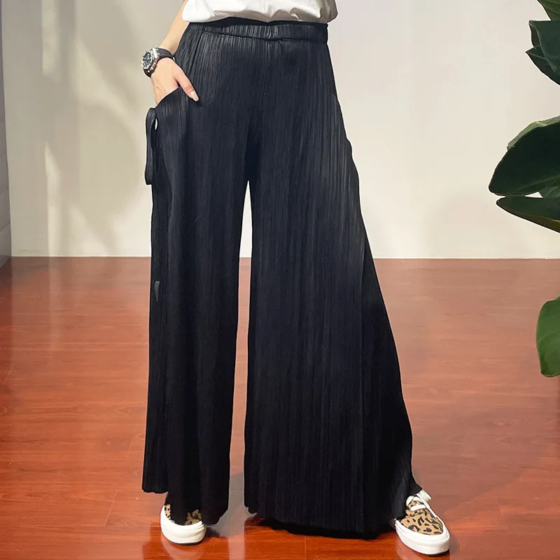 Summer trousers Miyake pleated temperament commuter high waist design loose straight wide leg pants organ pants women