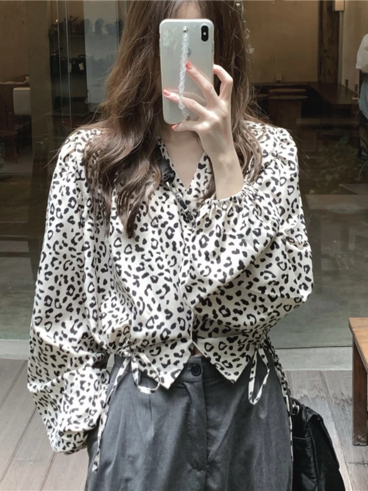 

Drawstring Short V-neck Women's Fashion Leopard Print Shirt Spring Summer 2022 New Thin Shirt Women's Top Women Sexy Vintage