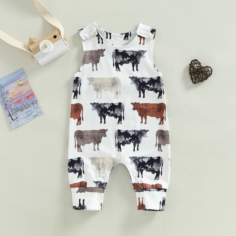 

Tregren Newborn Infant Baby Boys Girls Jumpsuit Summer Casual Sleeveless O Neck Cartoon Cattle Print Romper Outfits For 0-18M