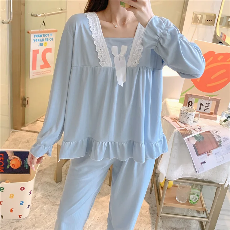 SUO&CHAO New Lace V-Neck Pajamas Set For Womens Long Sleeve Tops And Long Pants Pyjamas Pijamas Sleepwear Homewear