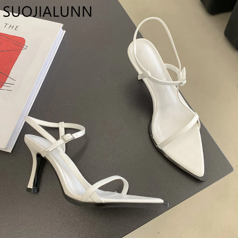 SUOJIALUN 2023 Summer New Brand Women Slipper Fashion Square Toe Slip On Ladies Slides Thin High Heel Outdoor Dress Sandal Shoes