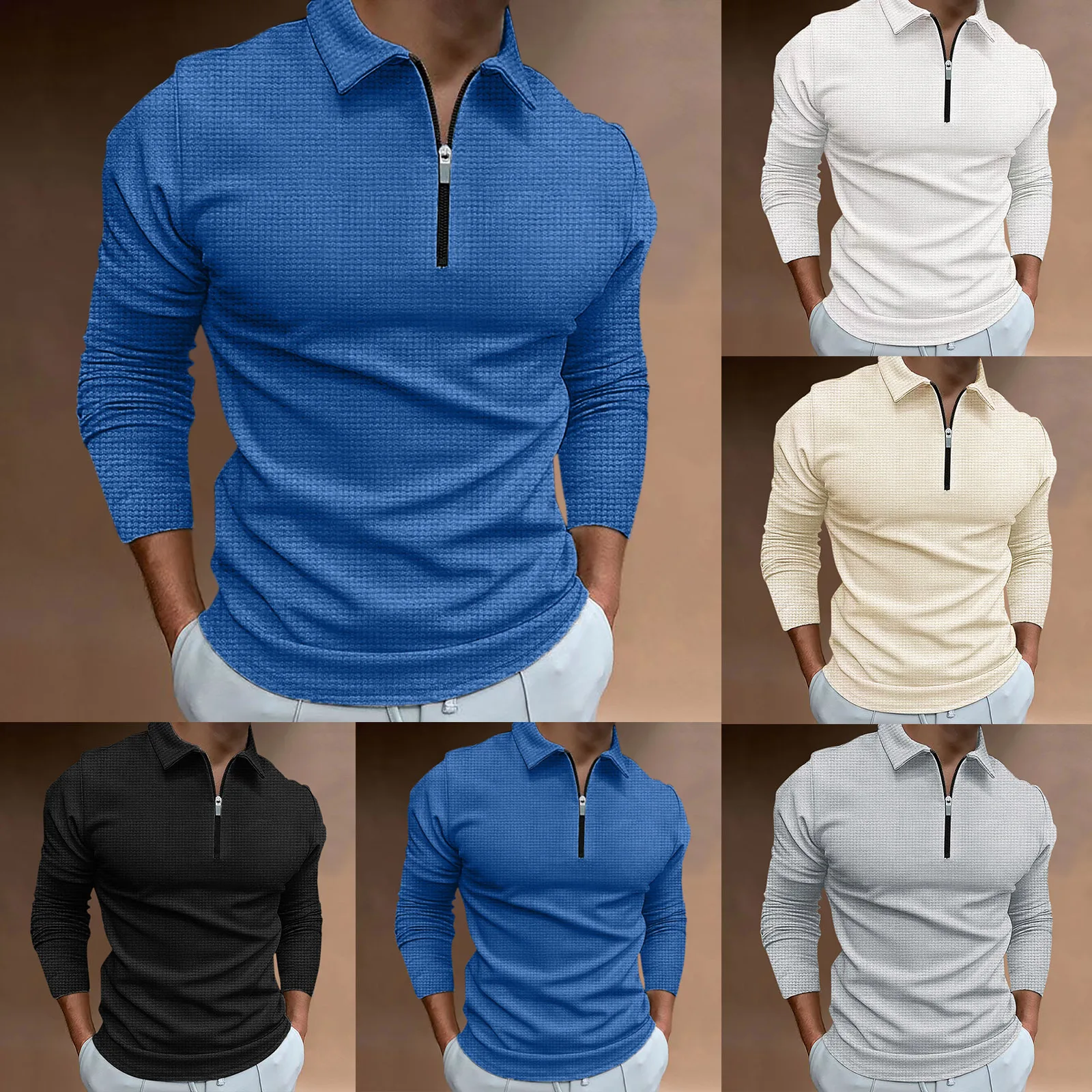 

New Waffle Zip Fastening Long Sleeve POLO Shirt Men's T-shirt Tops