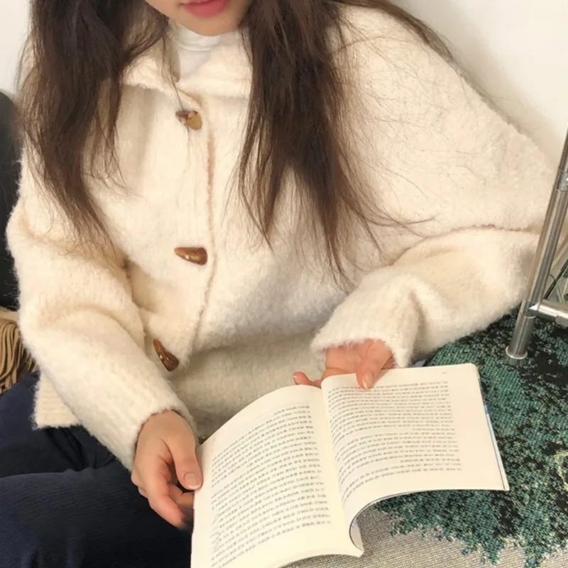 Matakawa женские свитера с роговими пуговицами белые однотонные милые толстые