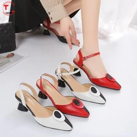 new 2022 summer hot sale ladies buckle sandals fashion colorblock thick heel pointed toe ladies high heels toe sandals tghdof