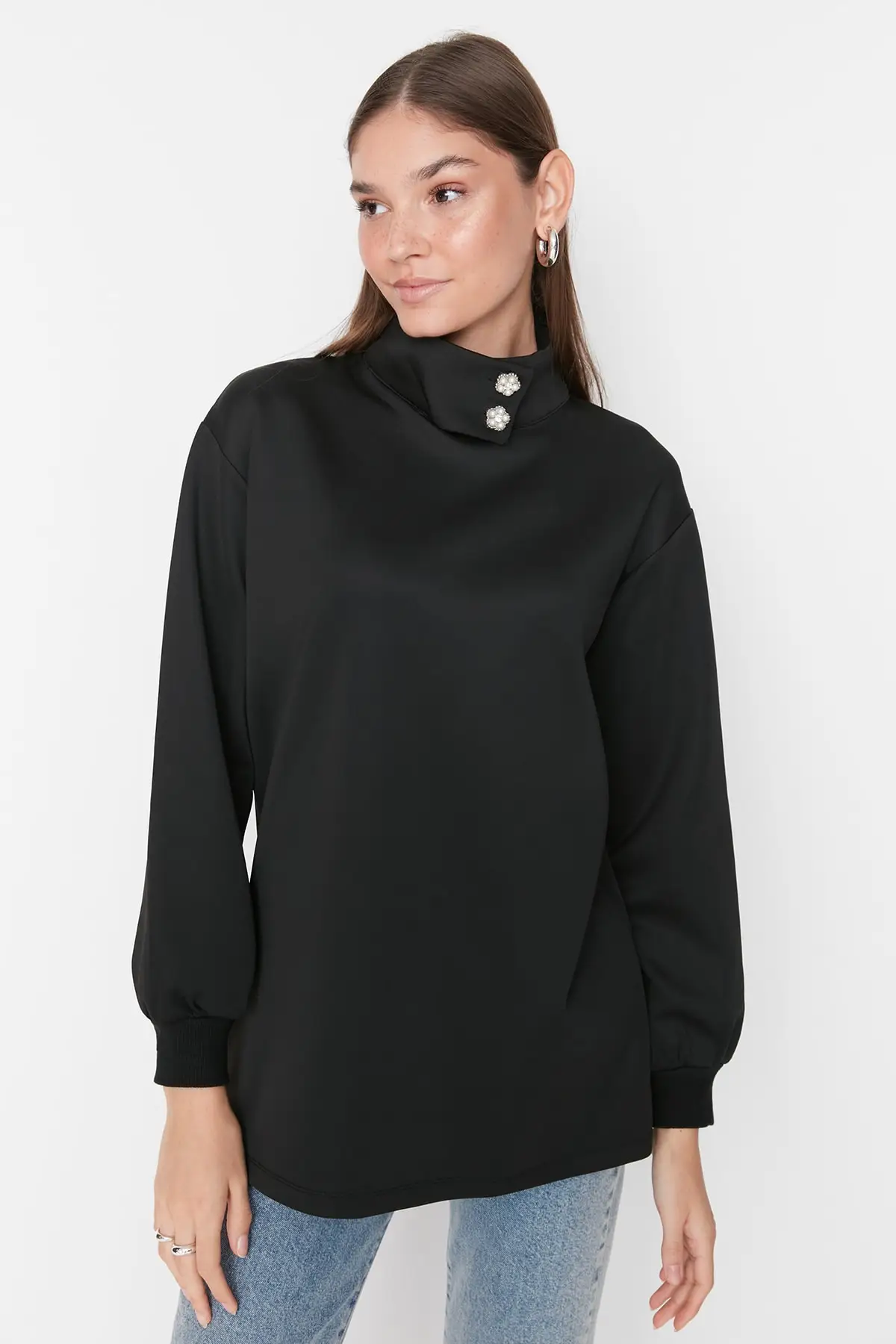 

Black Stand Up Collar Detailed Scuba Orme Tunic TCTAW23UK00036