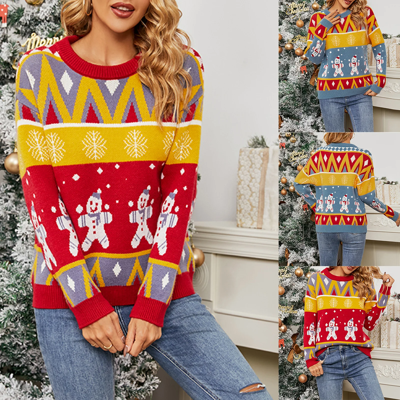 

Christmas Style Pullover Sweater Women Autumn/Winter Crew Neck Snowflake Snowman Knit Sweater Christmas Eve West Coast Jacket