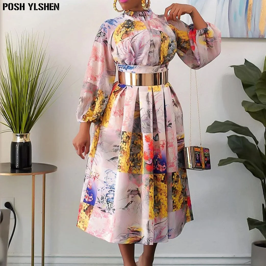 With Belt Elegant Print Dress African Dresses For Women 2022 New Ankara Clothes Wedding Party Long Sleeve Robe Femme Clothing