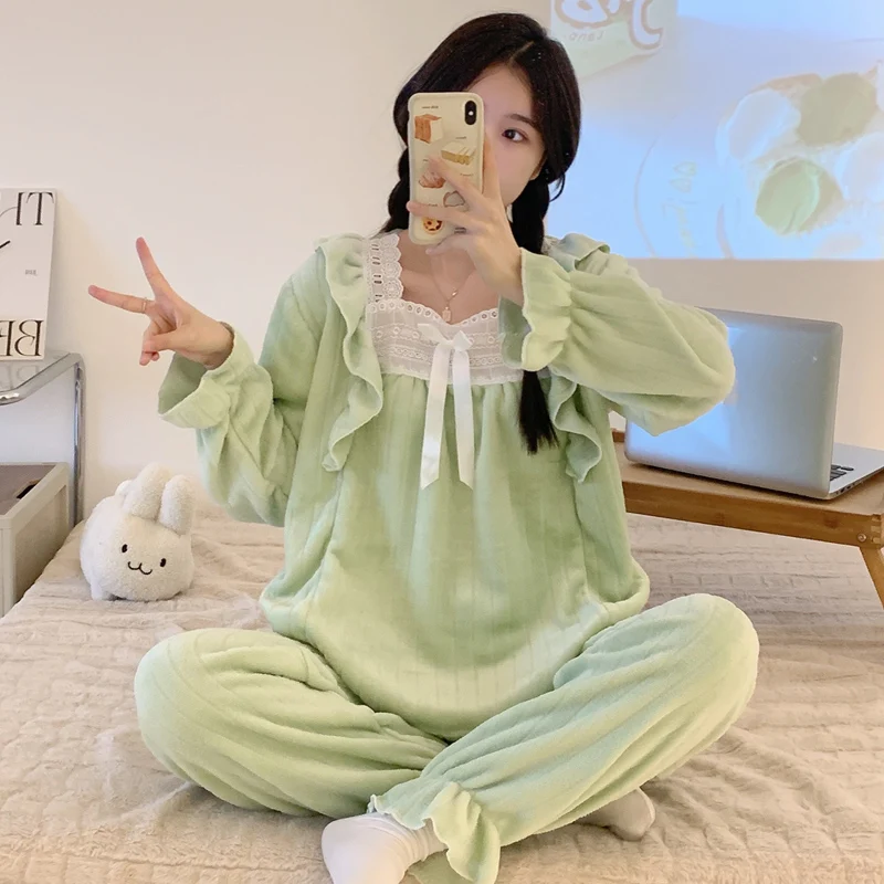 Фланелевый зимний пижамный комплект для женщин пижама с длинным рукавом ночная