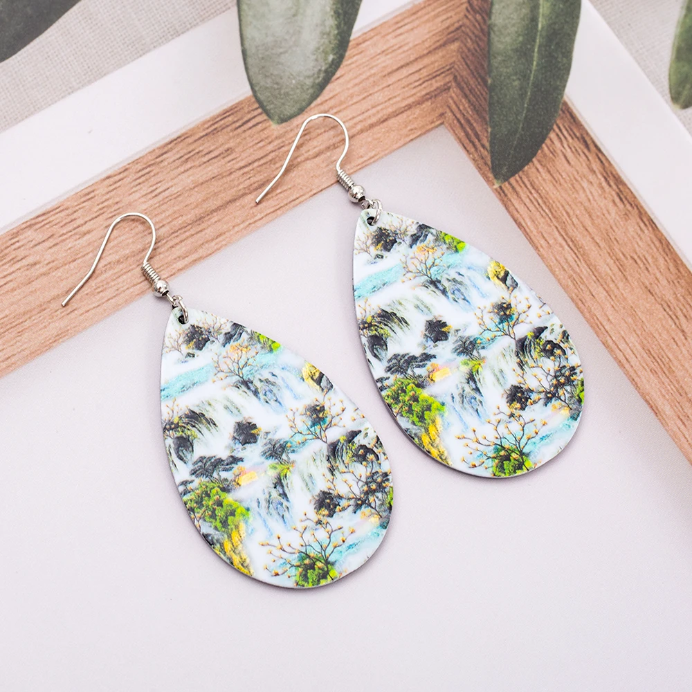 Новая мода водопад пейзаж Relievo печать акриловые висячие серьги модные для женщин