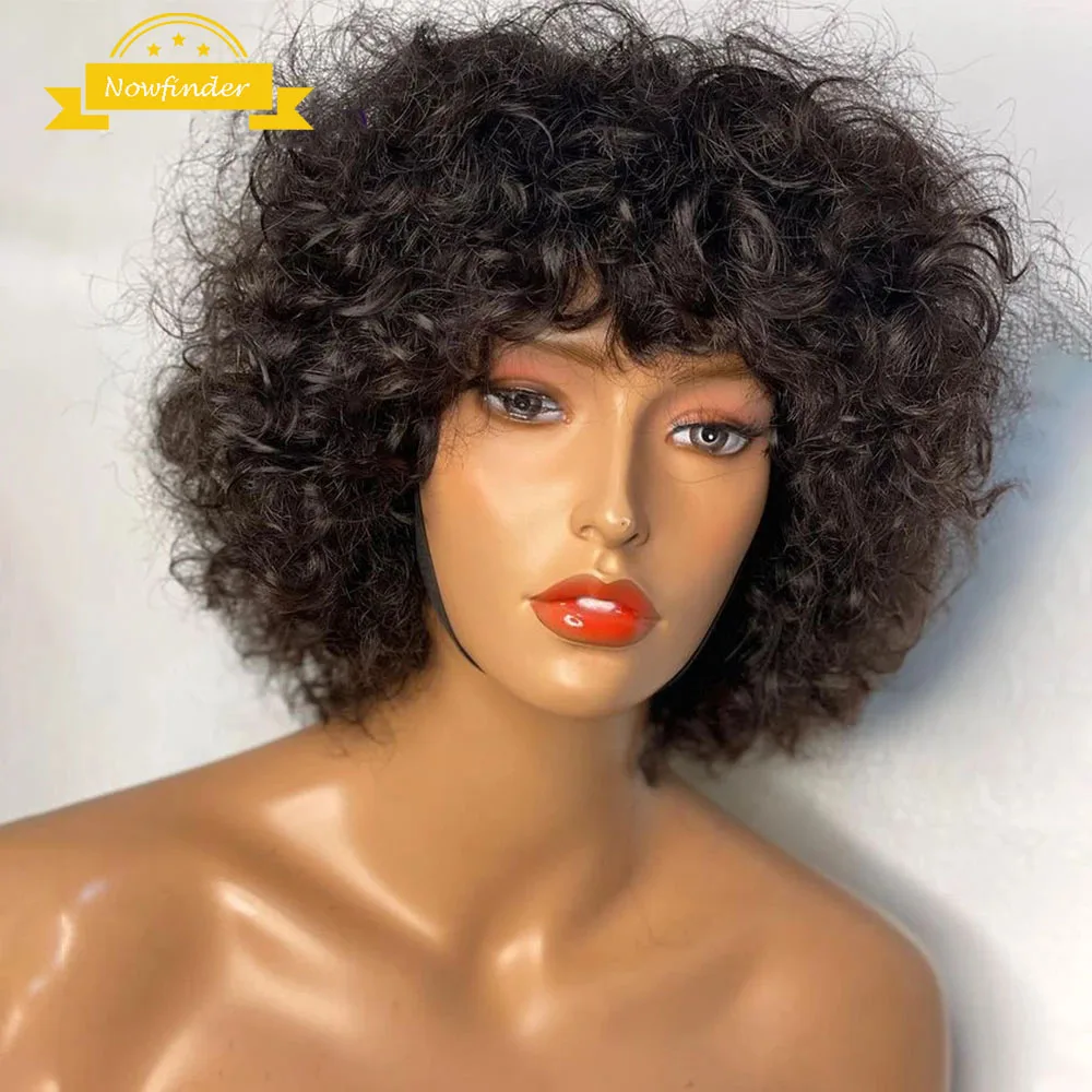 Pixie Cut Kinky Curly Full Machine Wig For Women Brazilian Natural Colored Short Curly Bob Human Hair Wigs With Bang