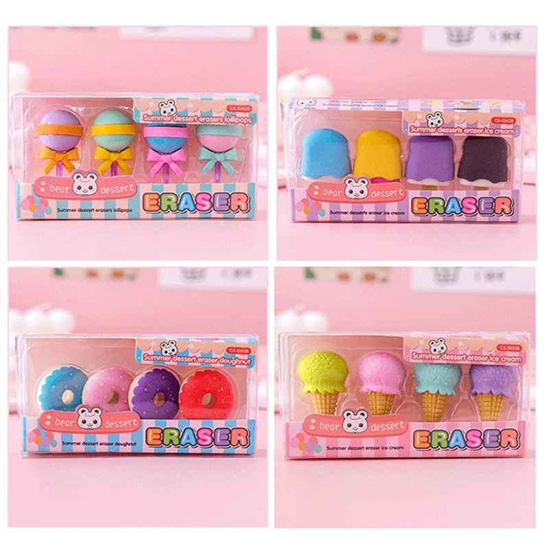 

4pcs Yummy Dessert Erasers Set Mini Lollipop Icecream Popsicle Donuts Rubber Pencil Eraser for Kids School Student Award