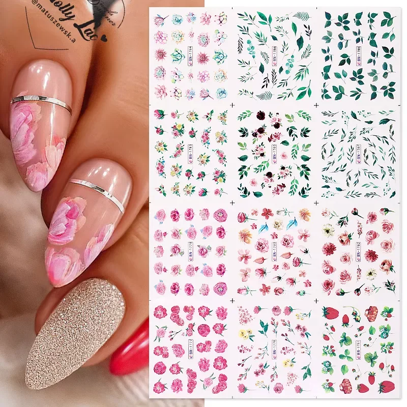 

12pcs Mixed Pattern Nail Stickers Blooming Florals Leaves Nail Art Water Decals Transfer Foils Sliders Decorations for Manicure
