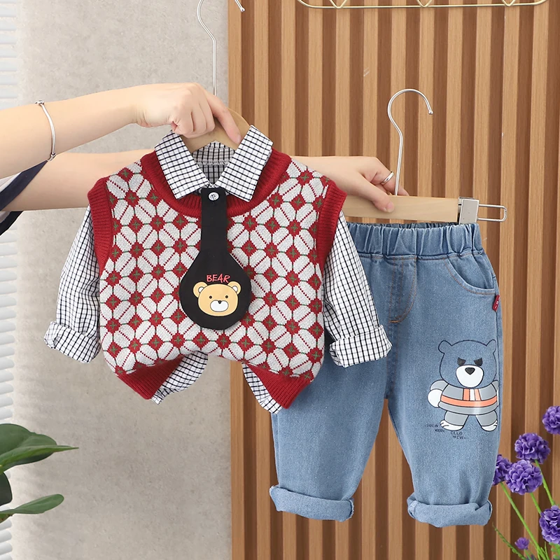 

Baby Girls Boys Clothes Autumn Children Knitted Vest Tie Shirt Jeans 3Pcs/sets Fashion Cotton Kids Toddler Clothing Tracksuit