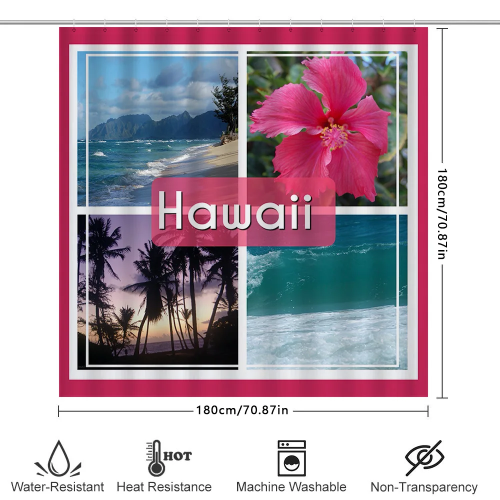 Летний набор занавесок для душа Breezy Pink Hibiscus для украшения ванны, Гавайский вид на пляж с пальмами, голубое море, белый песок, 72x78 дюймов (art.: 3920cec7a5aba) - 3920cec7a5aba