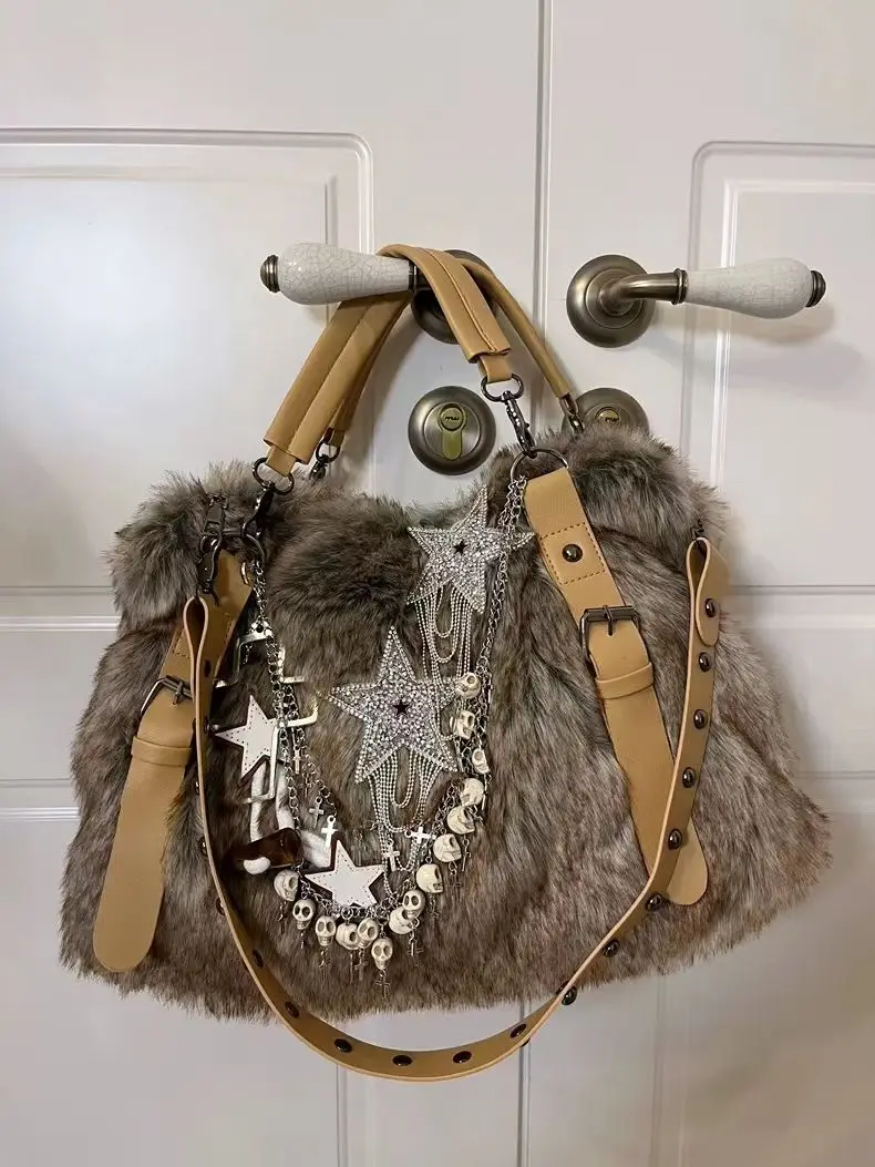Женские зимние сумки 2024 из норки звезды черепа меховая сумка на плечо большая